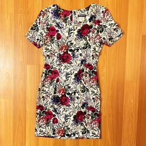 Vintage 90s cream, burgundy, & green floral scoop neck rayon minidress